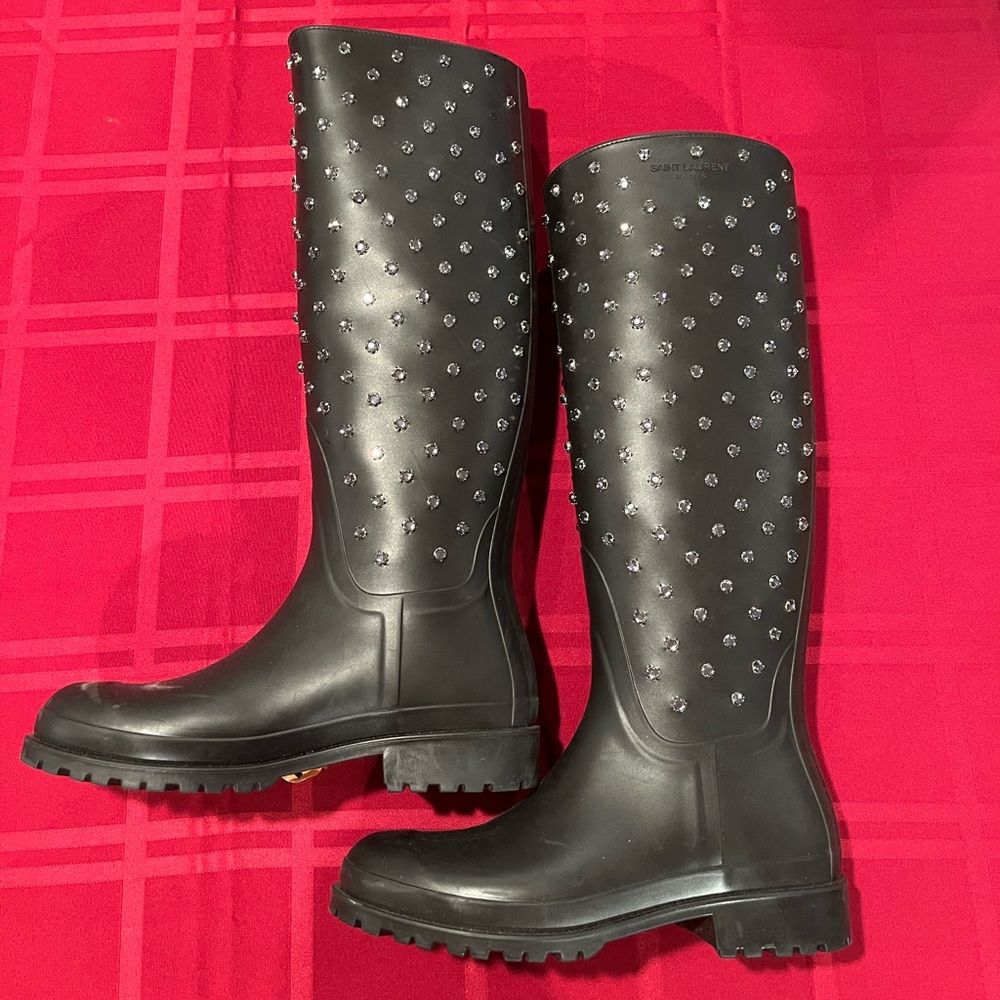 YSL Yves Saint Laurent Studded Rain Boots - Black Size 7